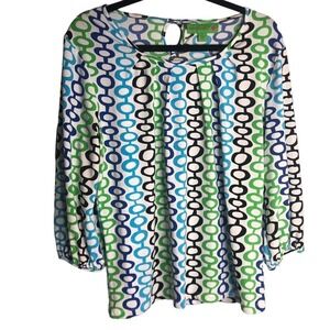 Island Republic Neon Rose Blue Green White Circle Print Long Sleeve Blouse Top